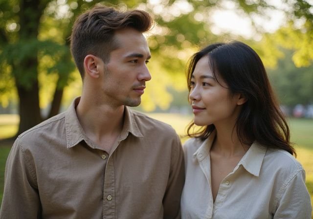 Een jonge man en vrouw hebben een rustig gesprek buiten. Een jonge man en vrouw hebben een rustig gesprek buiten