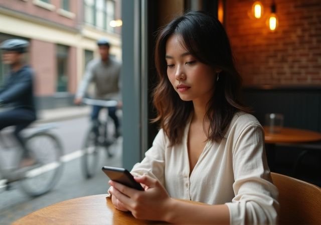 Een jonge vrouw in een Nederlands café, terwijl ze haar telefoon controleert. Een jonge vrouw in een Nederlands café, terwijl ze haar telefoon controleert