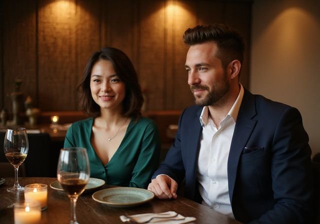 Een paar geniet van een intiem diner in een chique restaurant. Een paar geniet van een intiem diner in een chique restaurant