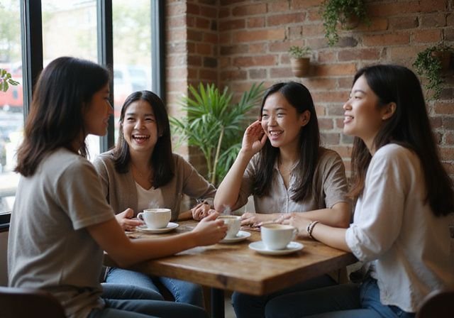 Vijf vrouwen genieten van koffie in een gezellig café. Vijf vrouwen genieten van koffie in een gezellig café