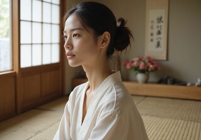 Een Japanse vrouw zit rustig in een traditionele kamer op een tatami-mat. Een Japanse vrouw zit rustig in een traditionele kamer op een tatami mat