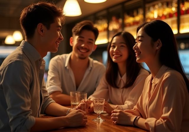 Twee mannen en twee vrouwen praten in een moderne bar. Twee mannen en twee vrouwen praten in een moderne bar
