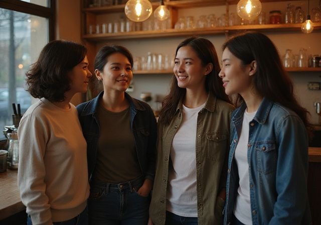 Een groep jonge volwassenen geniet van een ontspannen gesprek in een gezellig café. Een groep jonge volwassenen geniet van een ontspannen gesprek in een gezellig café