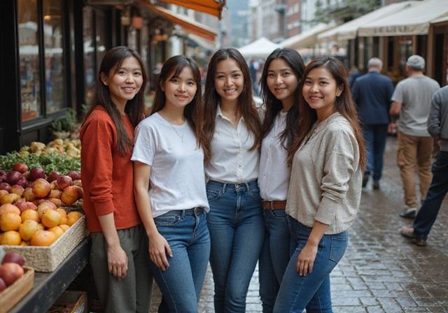 Een groep van natuurlijke, ongecompliceerde vrouwen op een levendige markt. Een groep van natuurlijke, ongecompliceerde vrouwen op een levendige markt