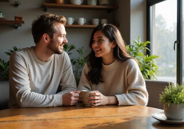 Een man en vrouw zitten in een knus café en praten. Een man en vrouw zitten in een knus café en praten