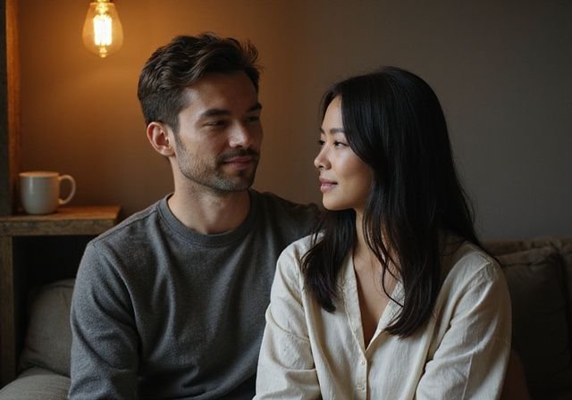 Een ontspannen gesprek tussen een man en een vrouw in een eenvoudig ingerichte kamer. Een ontspannen gesprek tussen een man en een vrouw in een eenvoudig ingerichte kamer