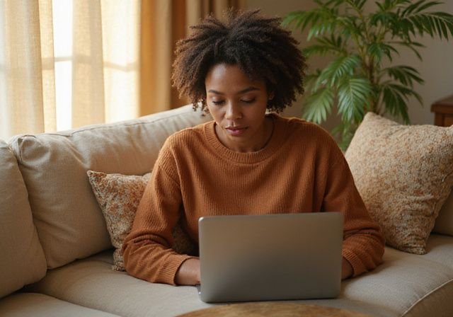 Een jonge vrouw werkt op haar laptop in een gezellige woonkamer. Een jonge vrouw zoekt naar Donkere Vrouwen Sexdating