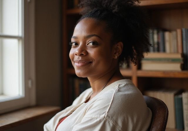 Een Afro-Caribische vrouw zit in een gezellige, private ruimte. Donkere Vrouwen Sexdating