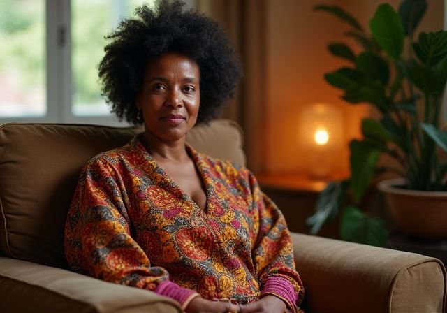 Een volwassen vrouw zit comfortabel in een warm verlichte woonkamer. Een volwassen vrouw zit comfortabel in een warm verlichte woonkamer