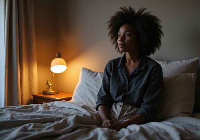 Een persoon zit rustig op de rand van een opgemaakt bed. Een persoon zit rustig op de rand van een opgemaakt bed voor Donkere Vrouwen Sexdating
