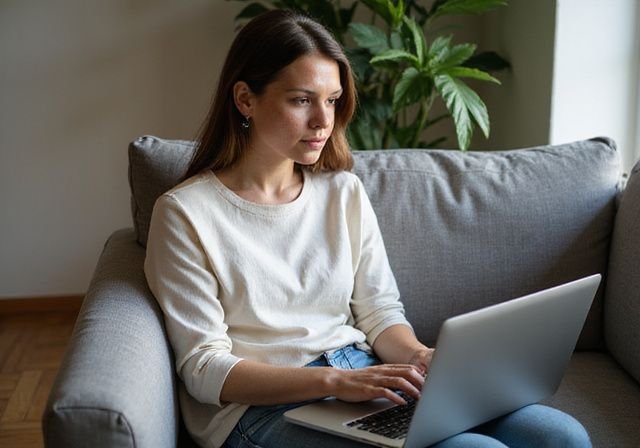 Een vrouw zit comfortabel op een moderne bank met een laptop. Een vrouw zit comfortabel op een moderne bank met een laptop