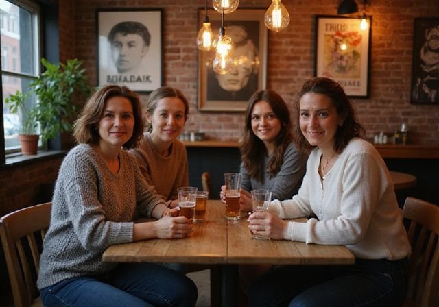 Een groep van middelbare leeftijd vrouwen genieten van elkaars gezelschap in een gezellige Amsterdams café. Een groep van middelbare leeftijd vrouwen genieten van elkaars gezelschap in een gezellige Amsterdams café