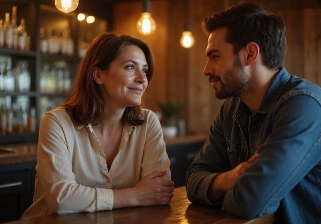 Een warme, authentieke ontmoeting in een rustieke bar. Een warme, authentieke ontmoeting in een rustieke bar tijdens milf sexdating
