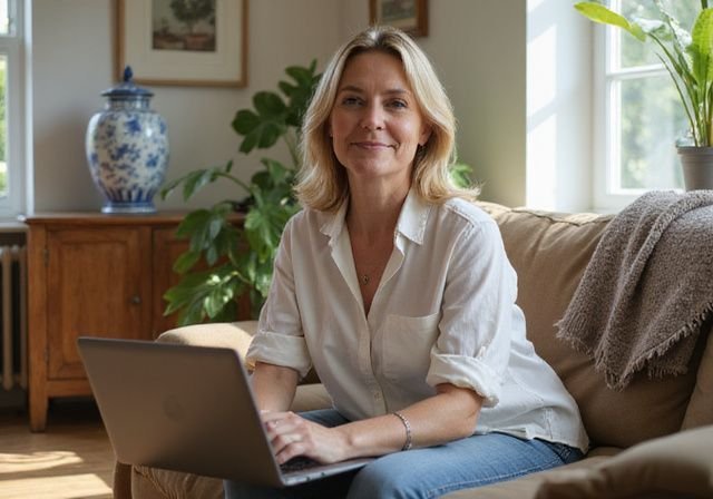 Een vrouw van middelbare leeftijd zit comfortabel in haar Nederlandse woonkamer en werkt op haar laptop. Een vrouw van middelbare leeftijd zit comfortabel in haar Nederlandse woonkamer en werkt op haar laptop