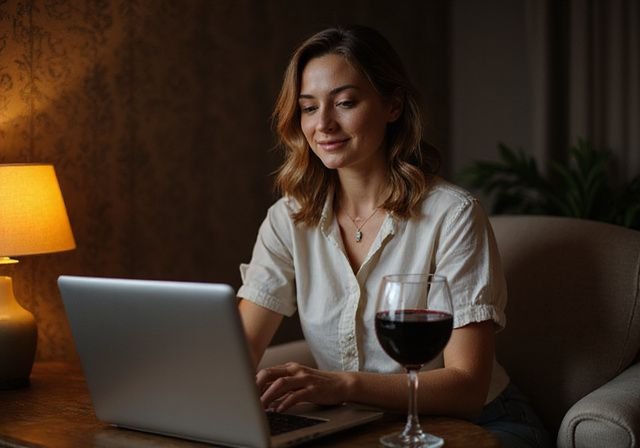 Een ontspannen vrouw werkt op haar laptop in een slaapkamer. Een ontspannen vrouw zoekt milf sexdating en wil een sexafspraakje