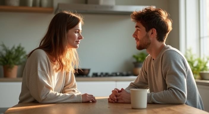 Een man en vrouw zitten samen aan een houten keukentafel. Een man en vrouw zitten samen aan een houten keukentafel