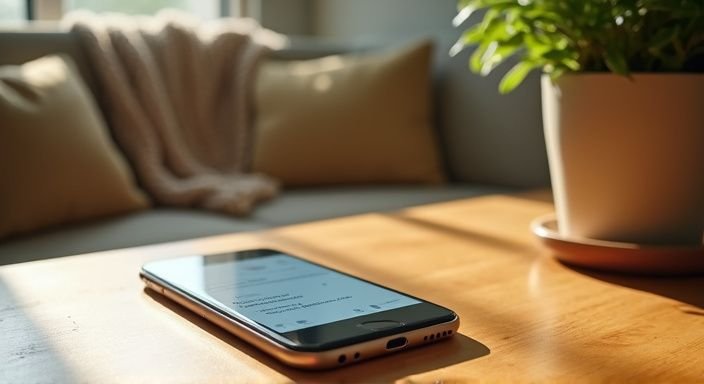Een smartphone toont een chatgesprek op een datingapp op een houten tafel. Een smartphone toont een chatgesprek op een datingapp op een houten tafel