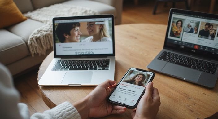 Een gezellige woonkamer met smartphones en laptop die een datingapp tonen. Een gezellige woonkamer met smartphones en laptop die een datingapp tonen