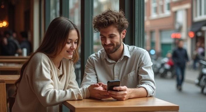 Jong stel geniet van een intieme moment in een café. Jong stel geniet van een intieme moment in een café