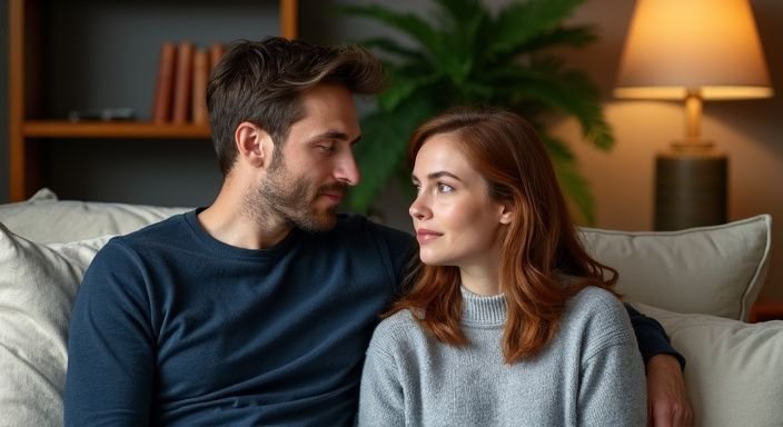 Een man en een vrouw zitten gezellig op een bank. Een man en een vrouw zitten gezellig op een bank