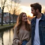 Sexdating Groningen: Vind jouw ondeugende date in Groningen! Een man en vrouw wandelen samen langs een stadsgracht in Groningen