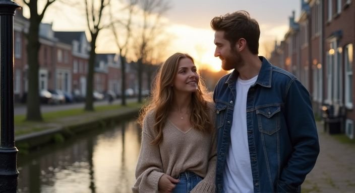 Een man en vrouw wandelen samen langs een stadsgracht in Groningen. Een man en vrouw wandelen samen langs een stadsgracht in Groningen