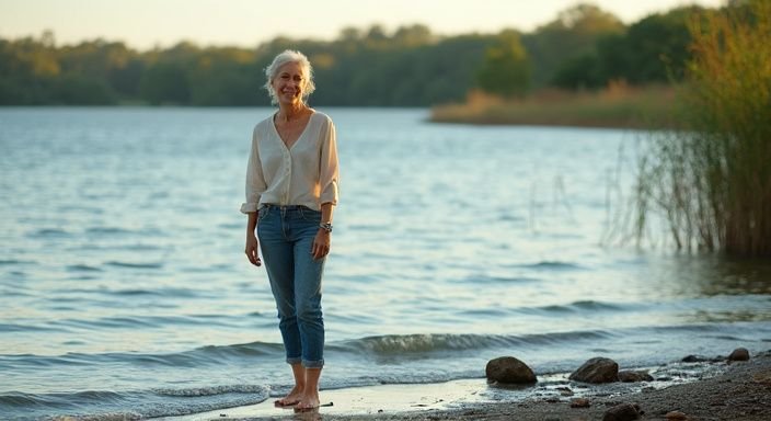 Een oudere vrouw staat ontspannen aan de rand van een meer. Een oudere vrouw staat ontspannen aan de rand van een meer.