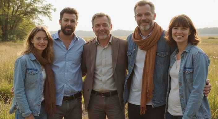 Groep bekende Nederlandse celebrities poseert vrolijk in een natuurlijke omgeving. Groep bekende Nederlandse celebrities poseert vrolijk in een natuurlijke omgeving.