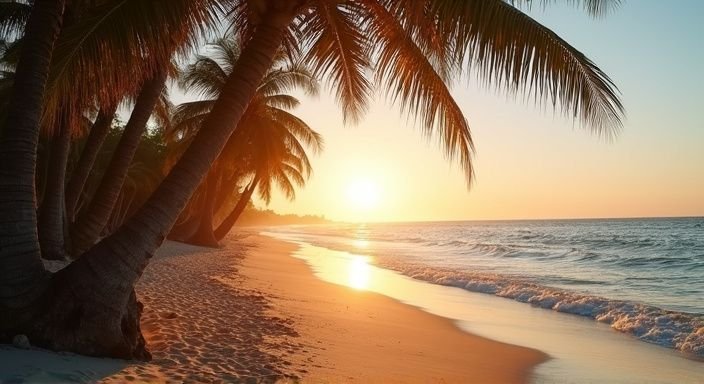 Een rustige, afgelegen strand bij zonsopgang met palmbomen. Een rustige, afgelegen strand bij zonsopgang met palmbomen.