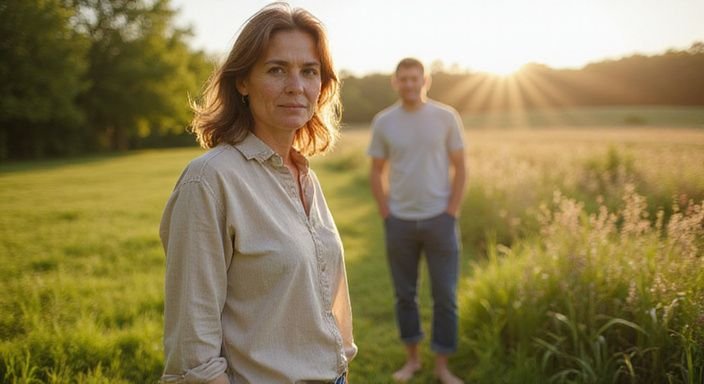 Een vrouw staat op gras, terwijl haar partner naar haar kijkt. Een vrouw staat op gras, terwijl haar partner naar haar kijkt.