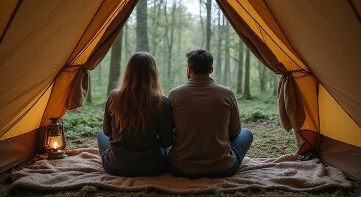 Een stel ontspannen in een tent te midden van een bos. Een stel ontspannen in een tent te midden van een bos en wil buitensex.