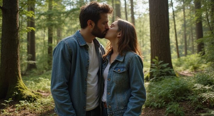 Een jong stel deelt een tedere kus in het bos. Een jong stel deelt een tedere kus in het bos en wil buitensex.