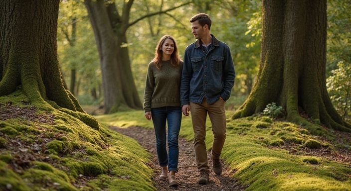 Een stel wandelt samen over een smal, met mos bedekt pad. Een stel wandelt samen over een smal, met mos bedekt pad en gaan buitensex doen.