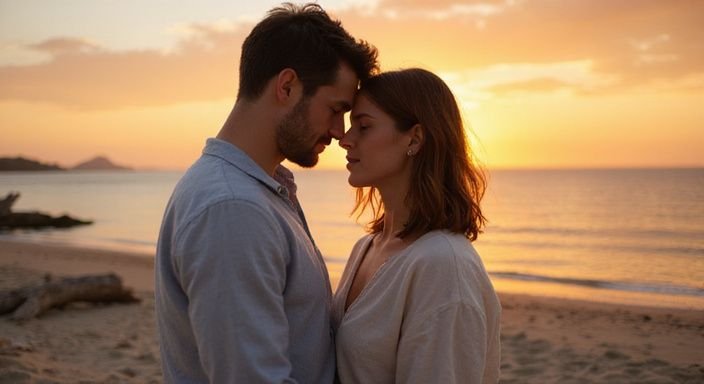Een stel knuffelt op het strand tijdens zonsondergang. Een stel knuffelt op het strand en heeft buitensex tijdens zonsondergang.