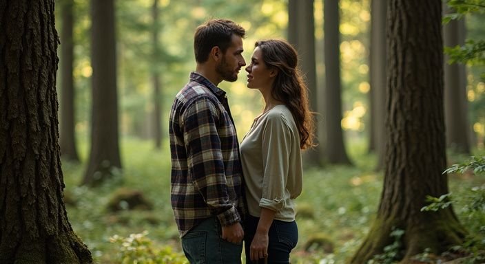 Een man en vrouw staan dichtbij elkaar in een bosrijke omgeving. Een man en vrouw staan dichtbij elkaar in een bosrijke omgeving en genieten van buitensex.