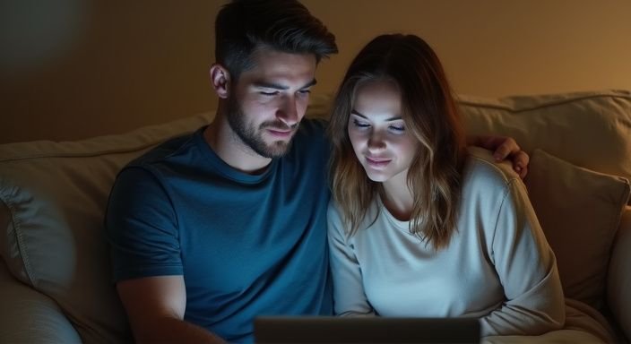 Een man en vrouw zitten dicht op een versleten bank.