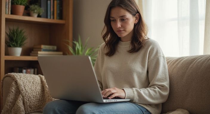 Een vrouw met een laptop, zittend op een beige bank zoekt erotisch contact.