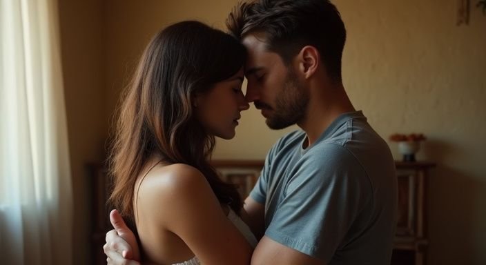 Een vrouw en man omarmen elkaar in een intieme, gezellige ruimte