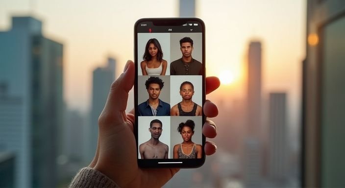 Een smartphone toont een datingapp met diverse profielen van gebruikers.
