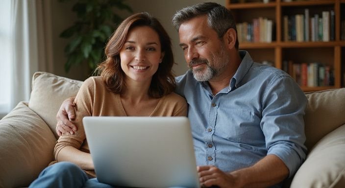 Een middelbaar stel geniet van samen tijd op een bank.