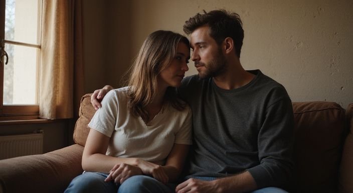 Twee mensen zitten intiem op een bank en willen erotisch contact.