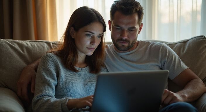 Een vrouw en man zitten samen op een bank met een laptop.