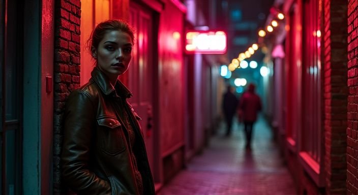 Een persoon in een steegje van het Red Light District wil sexdating in Amsterdam.