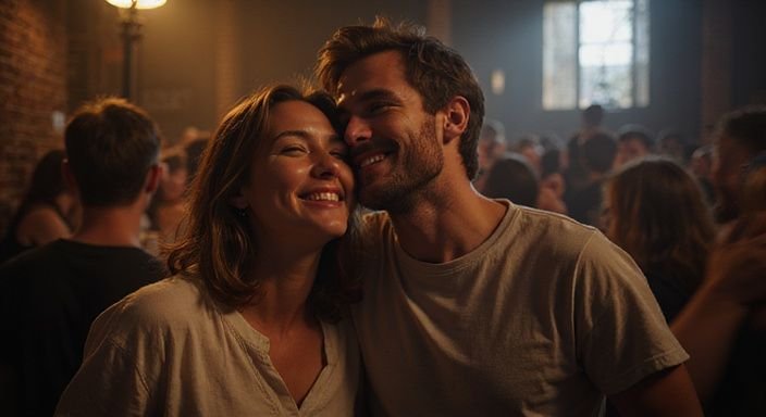 Een gelukkige man en vrouw omarmen elkaar tijdens een concert.