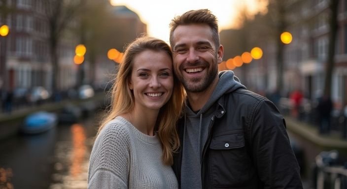 Een stel geniet van een liefdevolle avond aan een Amsterdamse gracht.