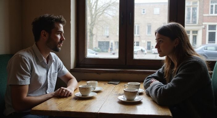 Een intieme Amsterdamse café met gezellige tafels en rustige gesprekken.