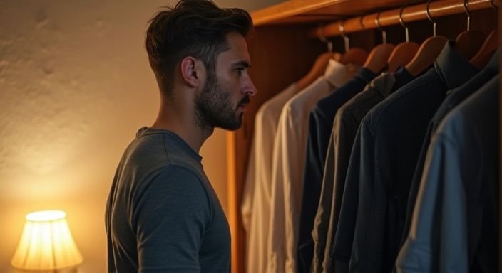 Een man overweegt smart casual kleding in zijn slaapkamer.