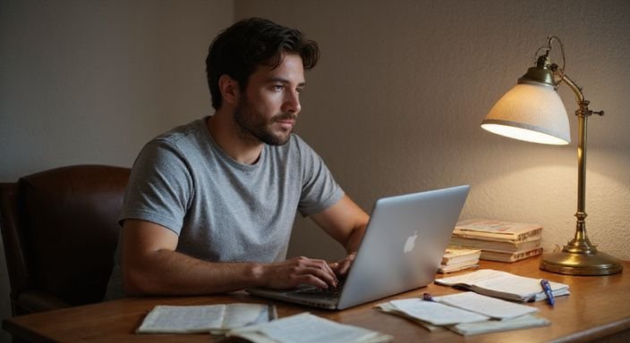 Een man leest datingadvies over sexdating Amsterdam terwijl hij aan een bureau zit.