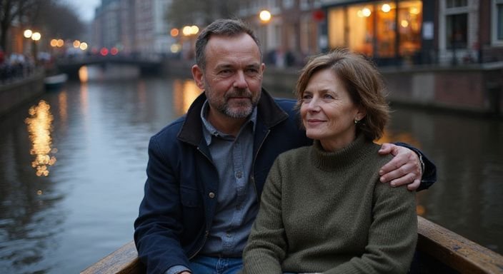 Een middel ouder echtpaar geniet van een serene moment op een boot.