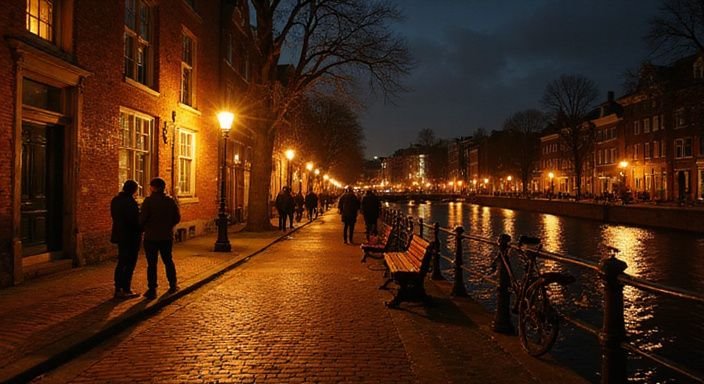 Een rustige Amsterdamse gracht met historische gebouwen en een groep mensen.